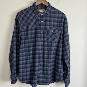 HOWLER BROS Mens Blue Plaid Harker Flannel Long Sleeve Shirt Size L Logo Pockets